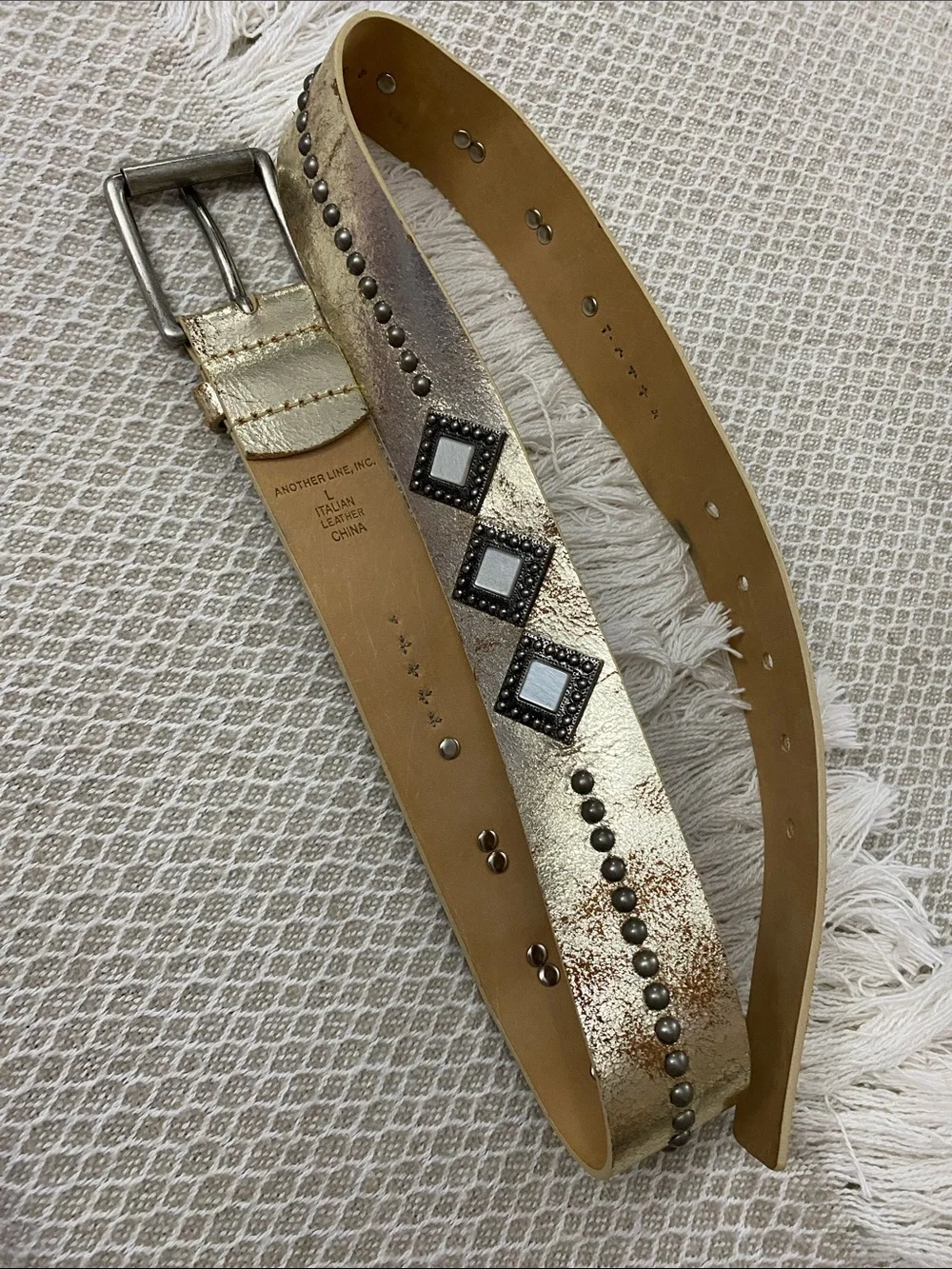 Another Line Inc. Italian Leather Metallic Gold Belt with Stud & Diamond Accents